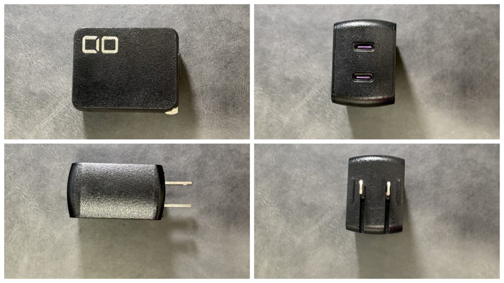 NovaPort DUO 65Wの外観（正面・USB-Cポート2つ・側面・プラグ）